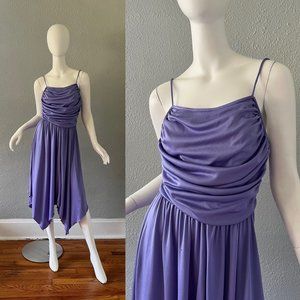 Vintage 70s Purple Disco Draped Goddess Asymmetrical Strappy Party Dress XS/S